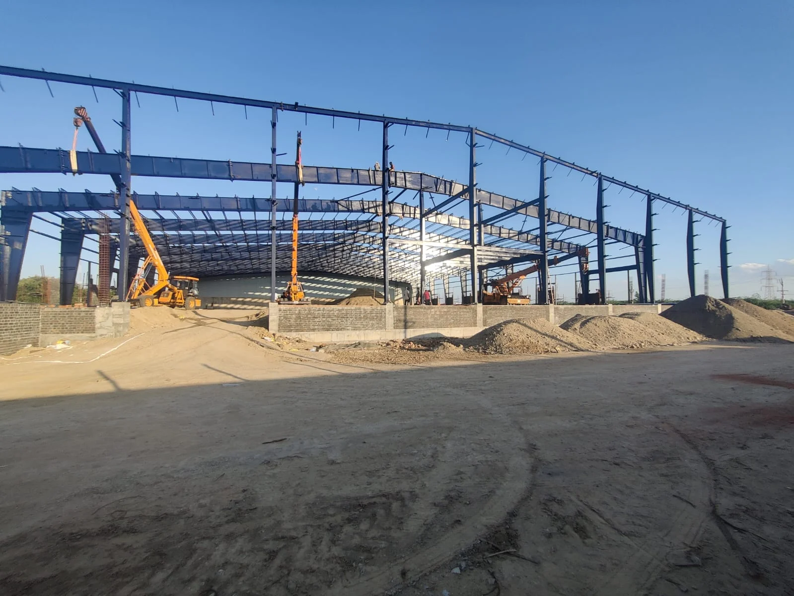 Steel warehouse structure during construction